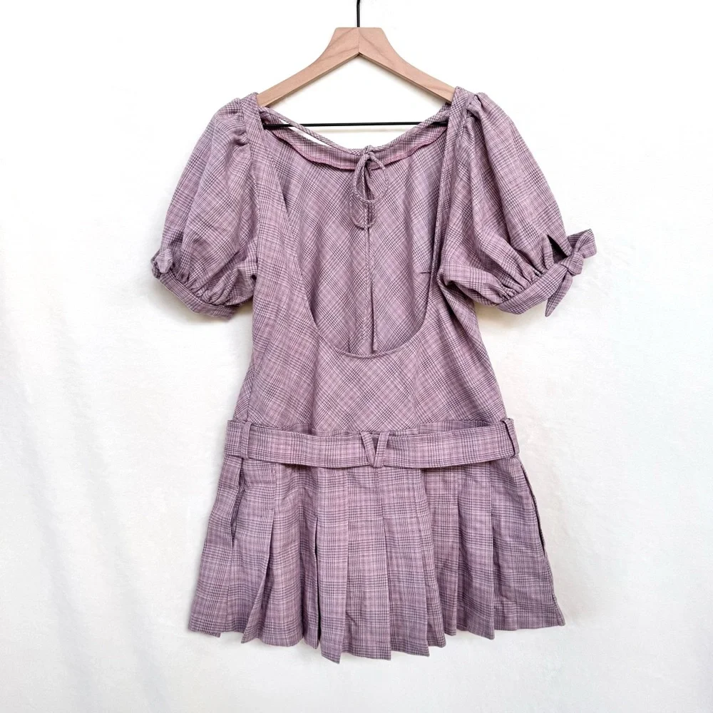NWOT Free People Sevi Belted Plaid Pleated Mini Dress in Gray & Pink Combo